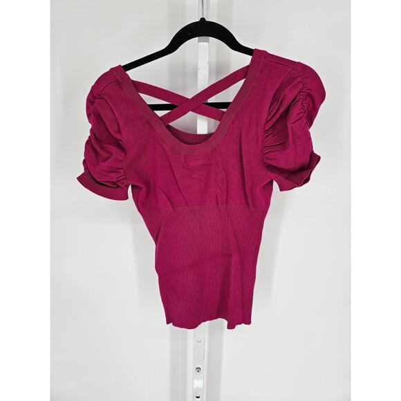 Say What? Pink Cotton Blend Puff Sleeve Criss-Cross Back Knitted Top Size M - Picture 4 of 4